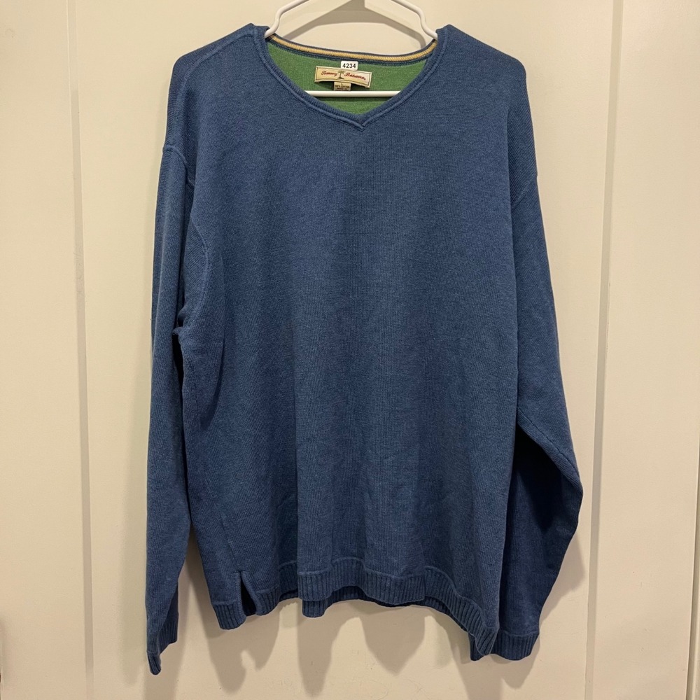 Tommy Bahama Mens Blue 100% Cotton V-Neck Pullover Sweater Large